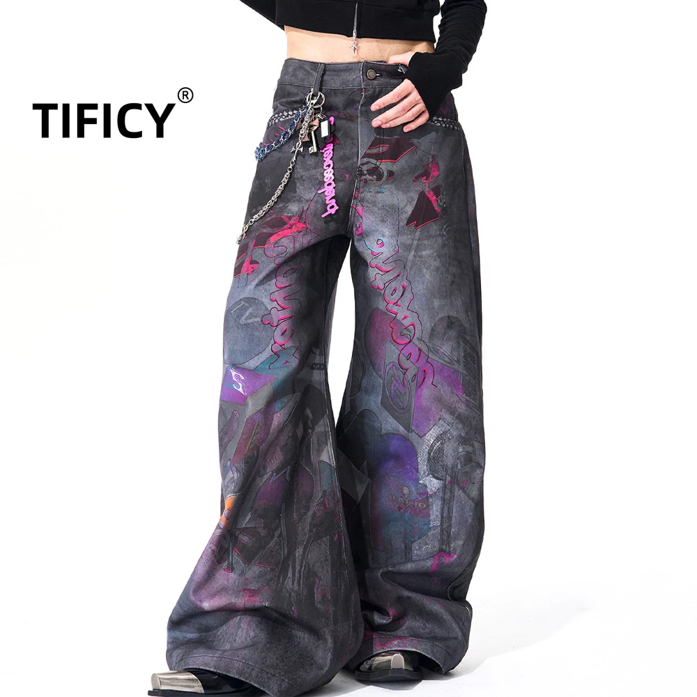 High Street Denim Pants Microphone 3D Printed Curved Knife Jeans Men Autumn and Winter Dirty and Worn Wide Leg Pants