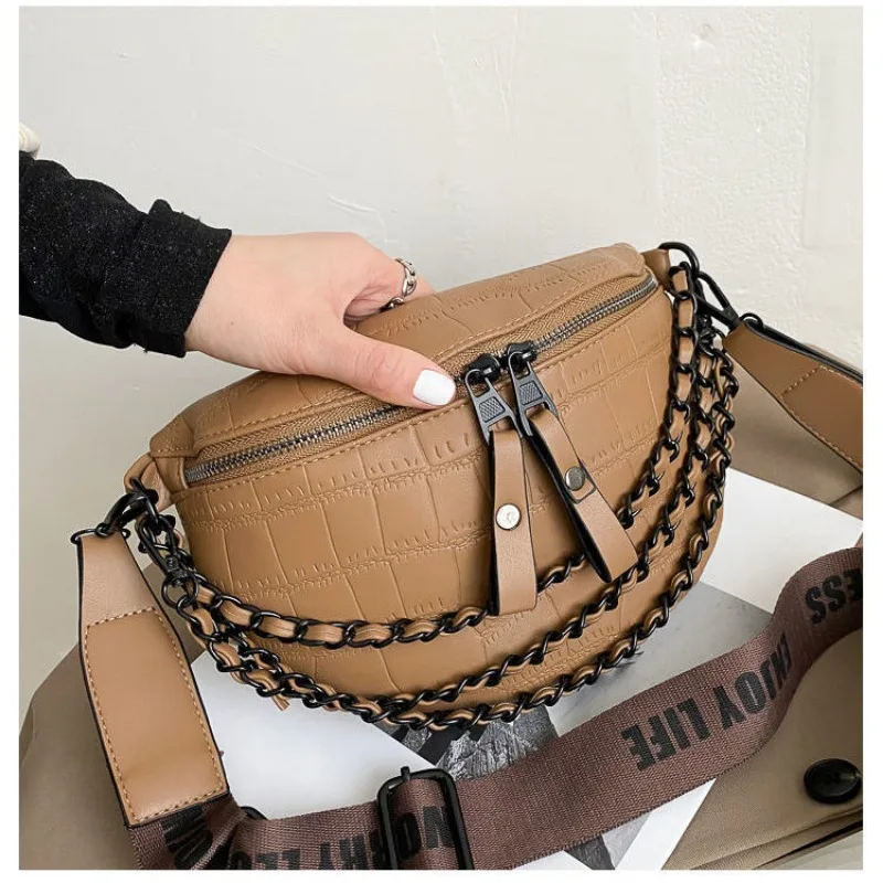 Fashion High Street Chain Crossbody Chest Bag for Ladies Wide Belt Zipper PU Shoulder Satchel Women Travel Purses and Handbags