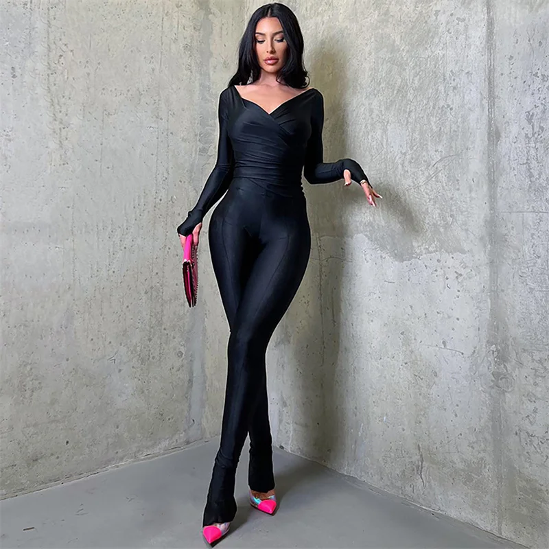 Elegant Solid Two Piece Set for Women Matching Sets Cross V-neck Long Sleeve Top and Pencil Pants Legging Stretchy Club Outfits