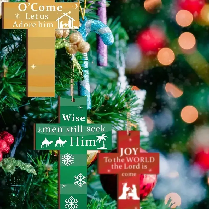 Christmas Supplies 24Pcs Wood Cross Birth Of Jesus Decoration Hanging Ornament Jesus Christmas Green Red Wooden Hanging Pendant