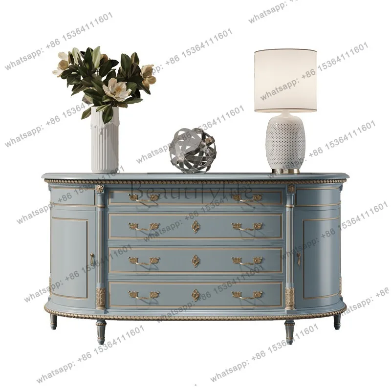 

American light luxury solid wood dining side cabinet gold-painted carved retro decorative cabinet