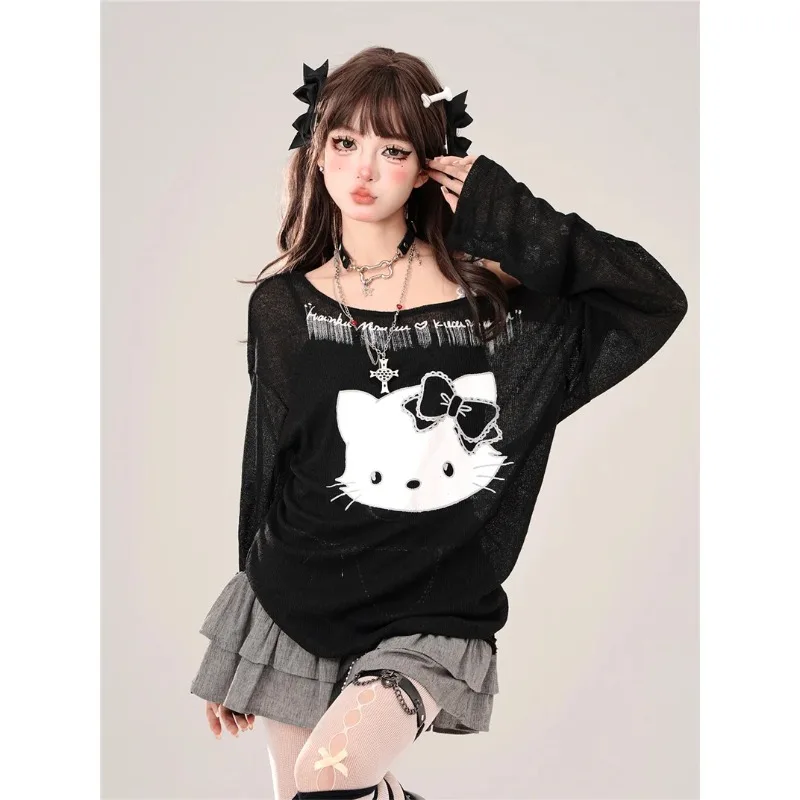 Sanrio Cartoon Cute Hello Kitty American Style Gray Long Sleeve T Shirt Women's Spring Summer Loose Strapless Fake Two Top