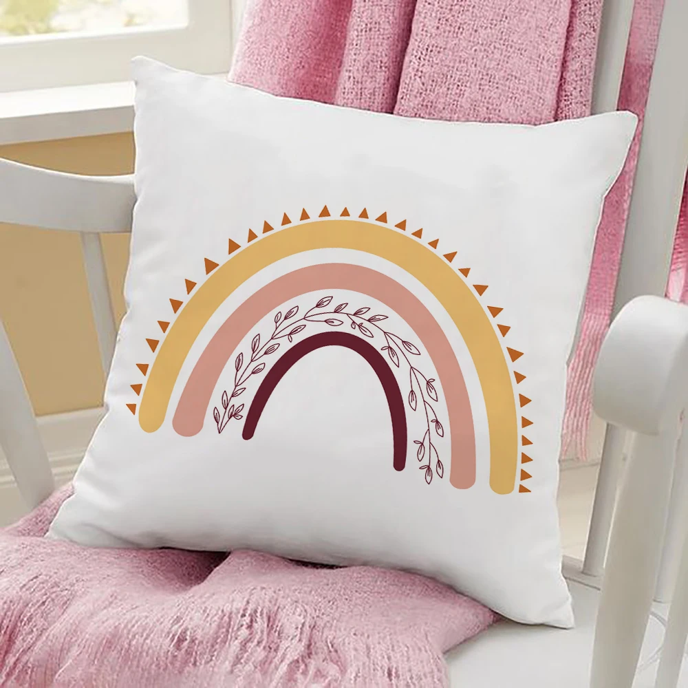 Home Decor Colorful Rainbow Print Cushion Cover White Polyester Pillowcase Rainbow Pillowcase 45x45cm