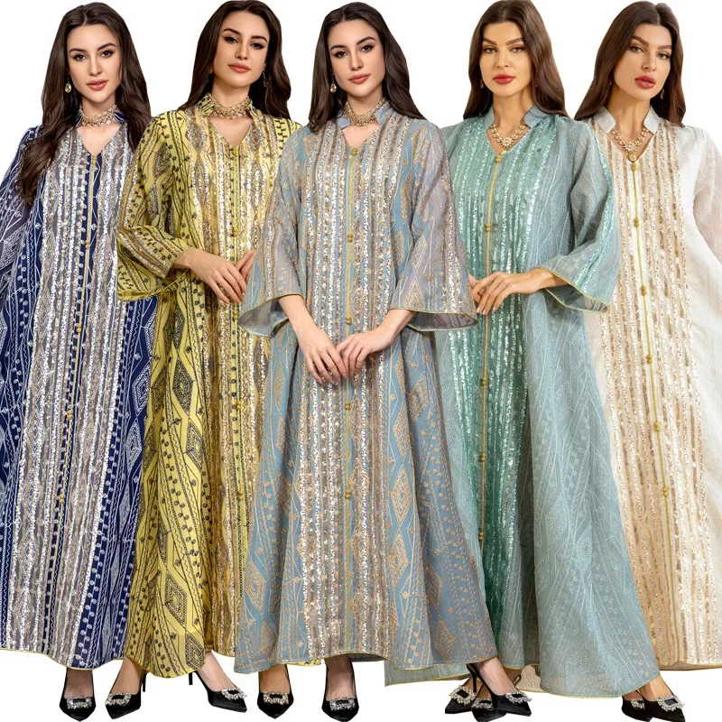 UNI Dubai Fashion Sequins Embroidery Abaya Chic And Elegant Women Evening Dress Long Sleeve Notched V-Neck Casual Robe 2024