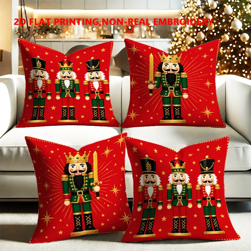 2D FLAT-4pc Christmas Nutcracker Throw Pillow Covers Sofa and living room decoration, without pillow core