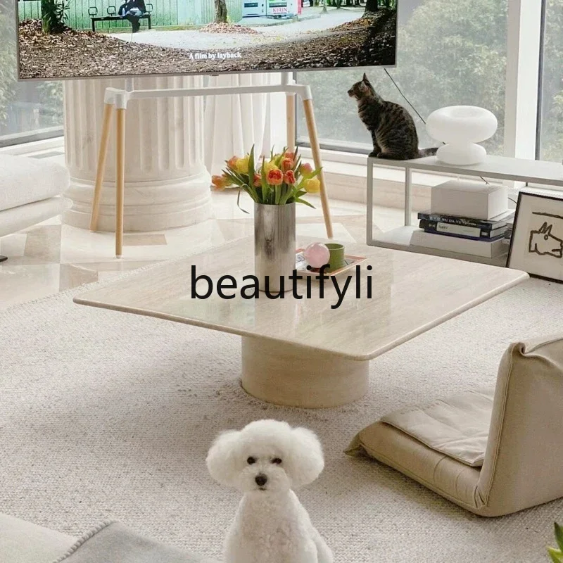 

x11Nordic natural travertine coffee table square marble living room small apartment household simple modern light luxury