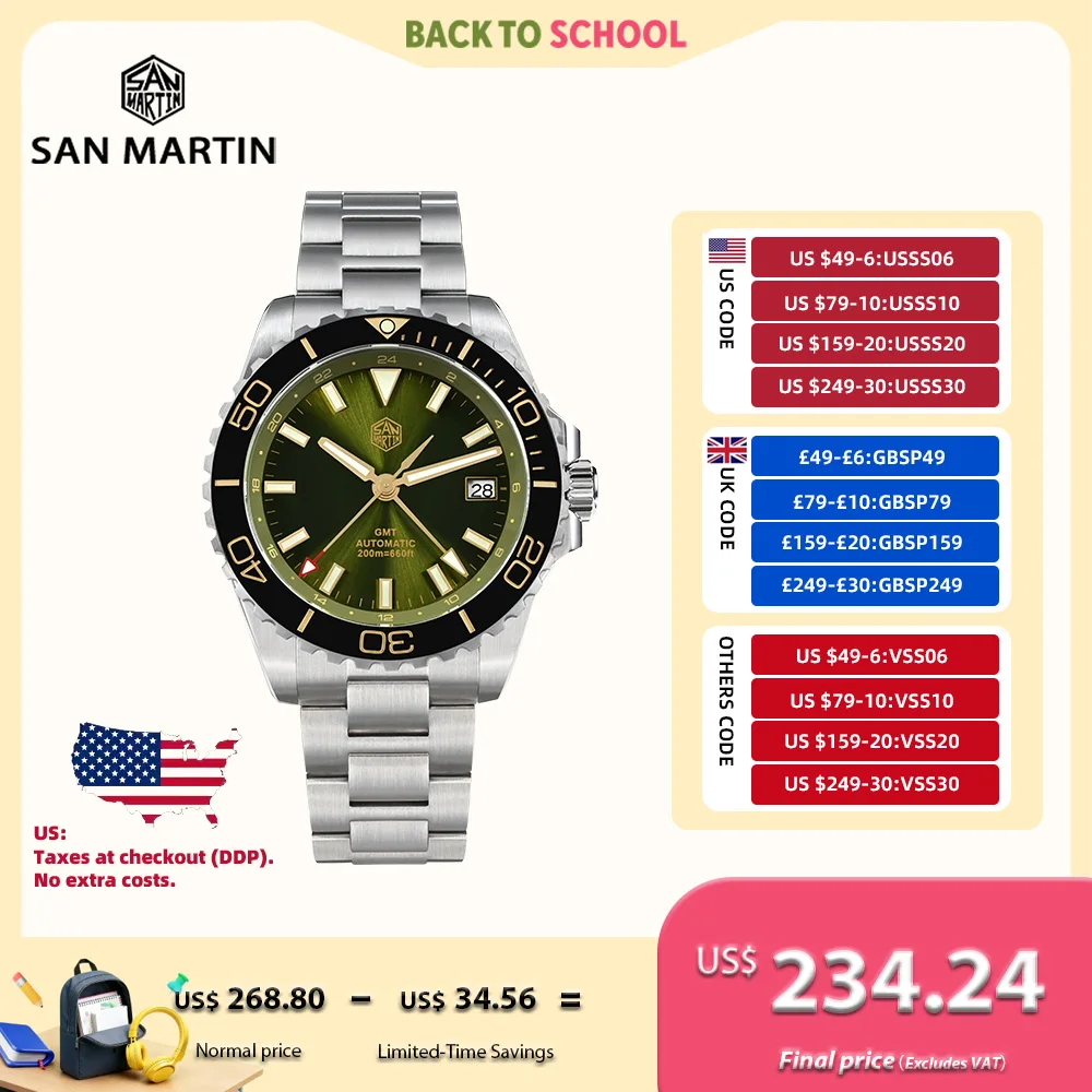 

San Martin 39 мм автоматические мужские часы NH34 спортивные GMT дайвинг 20 бар эмалевый циферблат с сапфировым стеклом AR наручные часы с автоподзаводом Montre SN0136