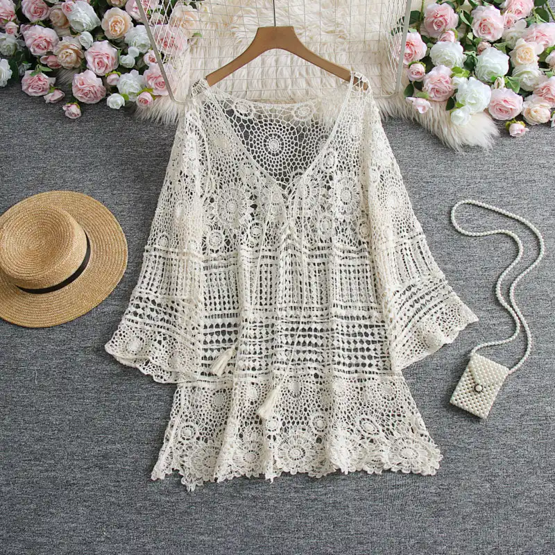 Holiday Beach Hollow Out Long Lace Top Women Summer Boho Cover-Ups Korean Style Long Sleeve Beige White Crochet Top