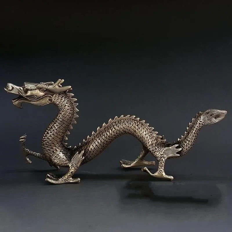 Antique bronze silver-plated brass dragon figurine, large size, for home decoration and as a craft item