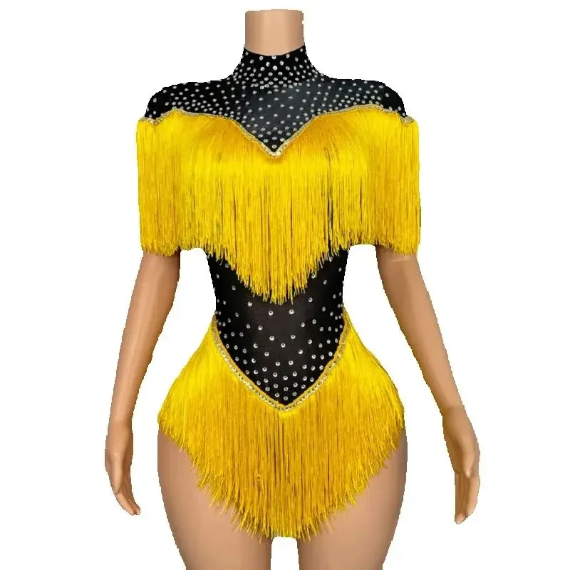 Drag Queen Clothes Sexy Gogo Costume Yellow Fringed Rhinestones Bodysuit Women Nightclub Ds Dj Party Outift Rave Wear