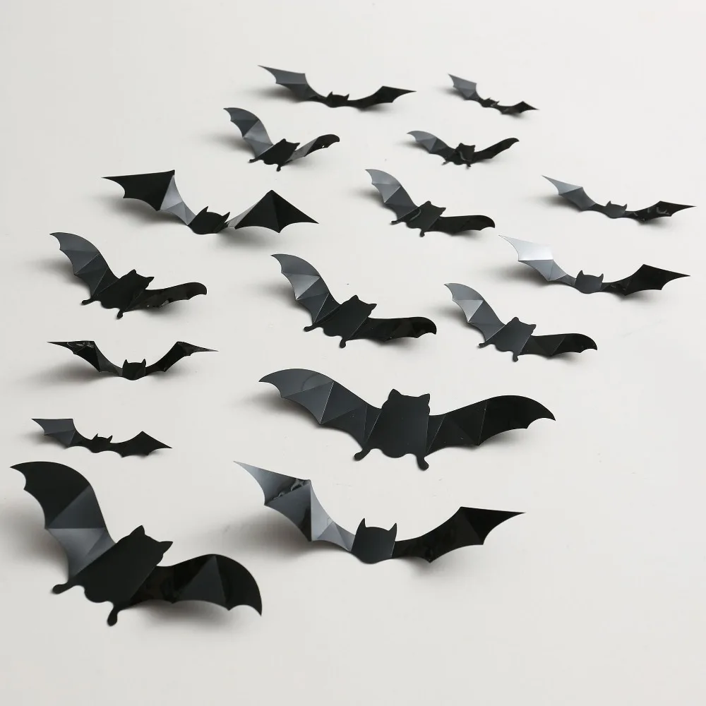 48pcs/Set Halloween Bat Wall Stickers 3D Black Scary Bat Stickers Decals Crafts DIY for Home Indoor Outdoor Party Decorations