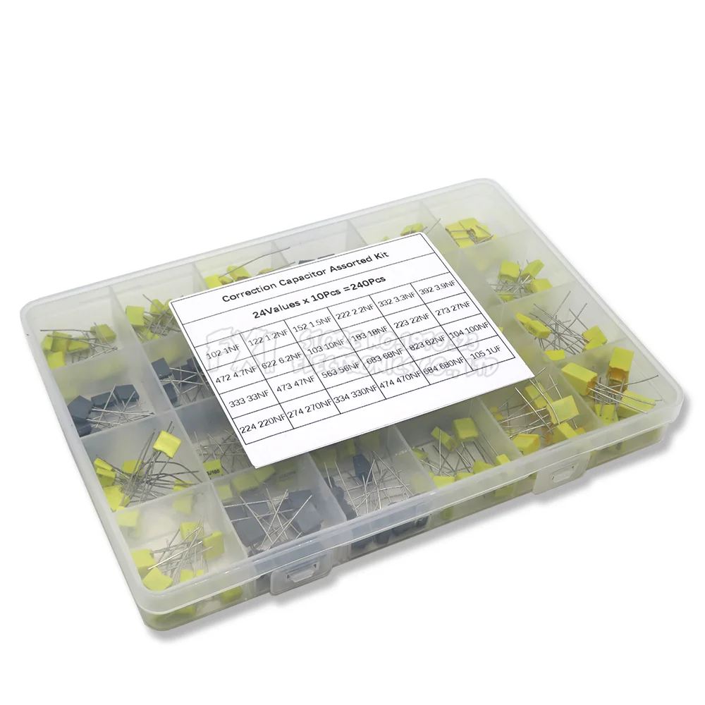 

240Pcs Correction Capacitor Assorted Kit 24Values x 10Pcs 63V-100V 102J-105J Polypropylene Safety Plastic Film Capacitors
