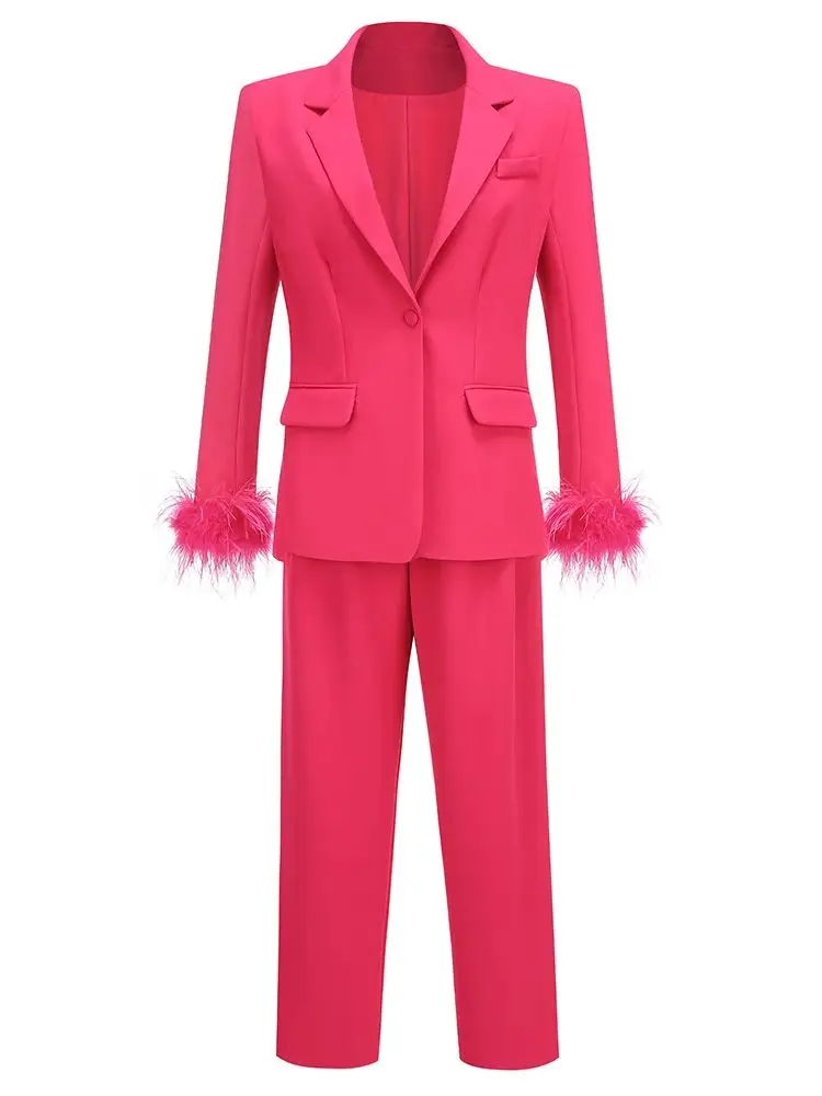 Women Luxury Sexy Long Sleeve Feather Pink Two Piece Pants Blazer Set 2024 Celebrity Designer Fashion Women\'s Set