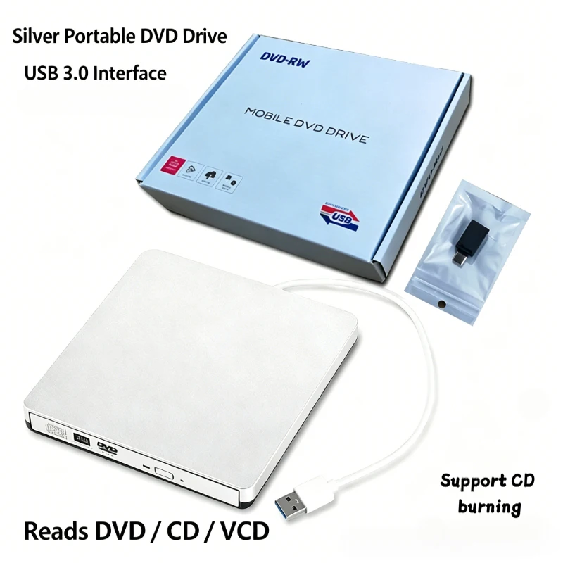 New Slim Aluminum External USB3.0 DVD Drive Portable CD DVD RW Burner Optical Drive, Plug & Play CD Reader Writer for Mac