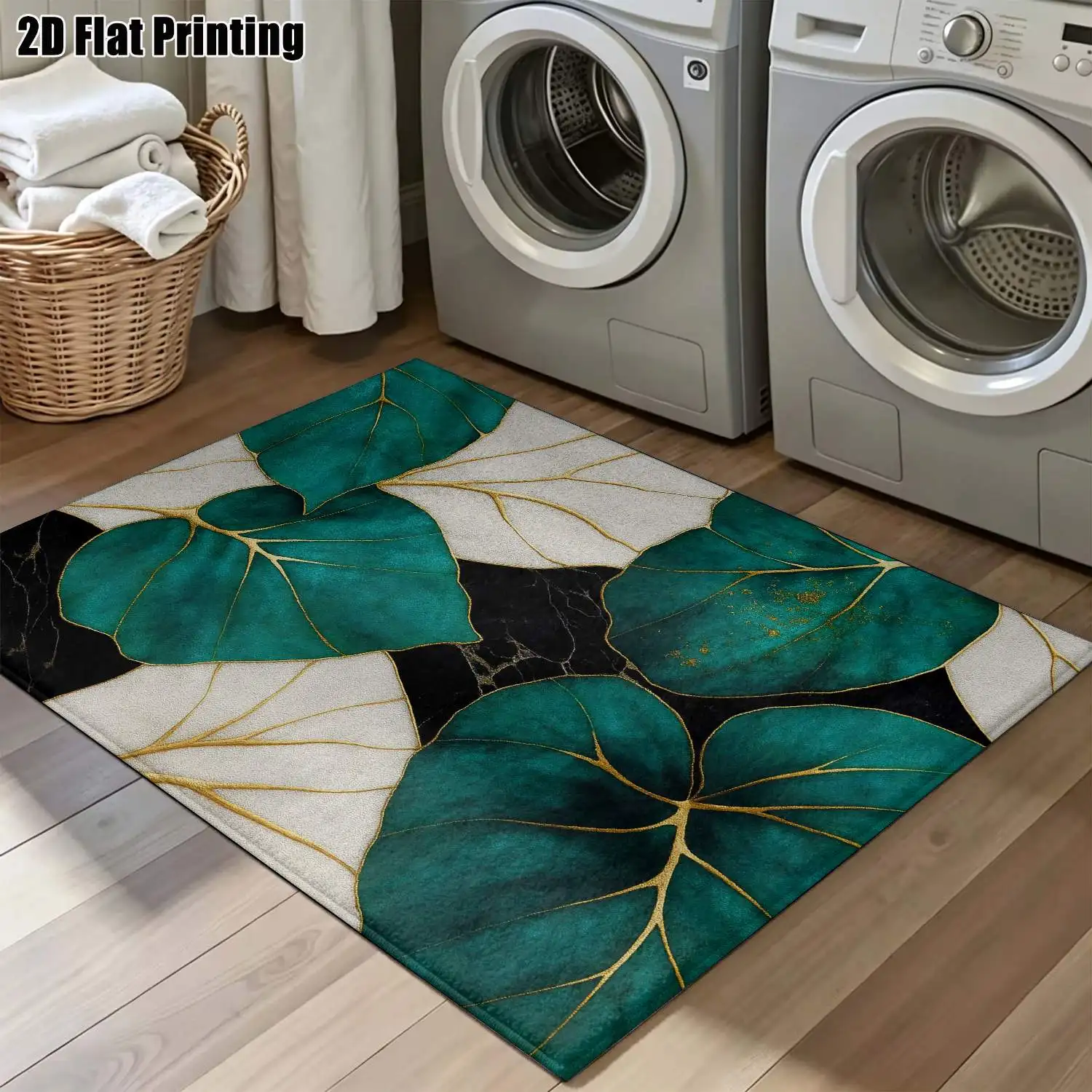 1Pc 2D Printed Carpet: Dark Green&White Leaf Pattern with Gold Veins, Nordic/Instagram-Inspired Modern Minimalist Style, Home Decor Floor Mat, Multiple Sizes, Machine Washable, Suitable for Entrance, Dining, Foyer, Living Room, Bedroom
