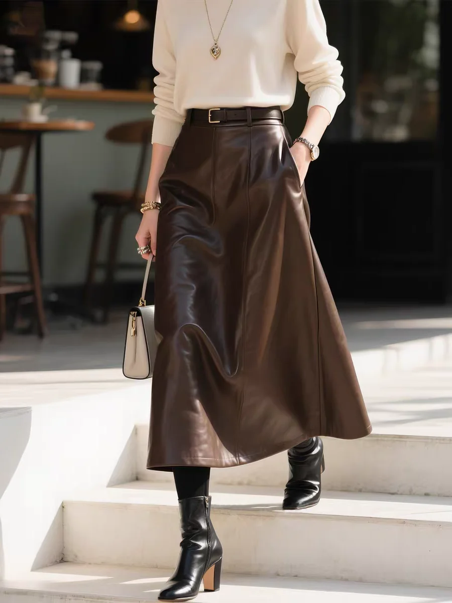 

Deep Brown Leather Skirt High Waist A-Line Maxi Skirt Women's Autumn Winter New Sle Retro Cool Feeling Slimming f-length...