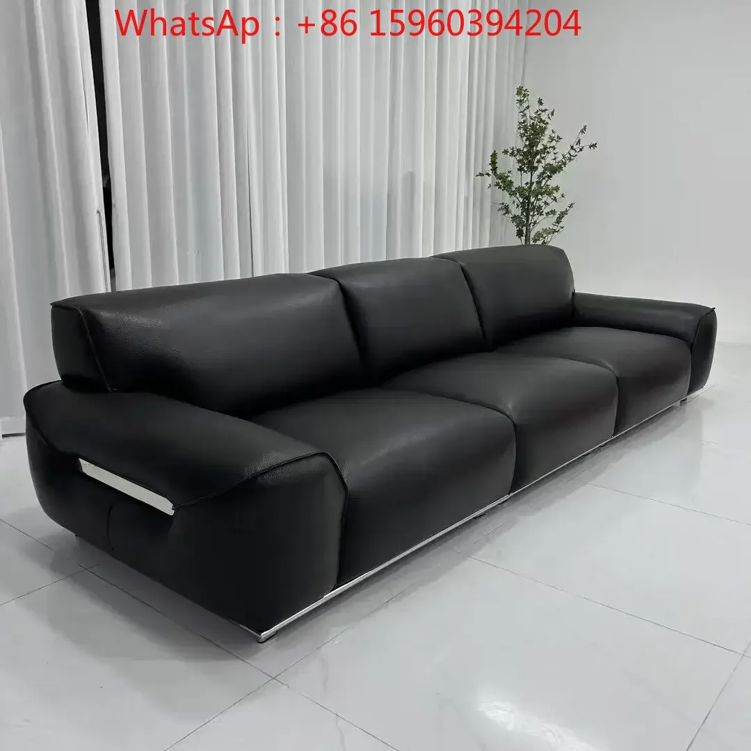 Italian minimalist sofa black straight leather sofa top layer cowhide living room designer sofa combination