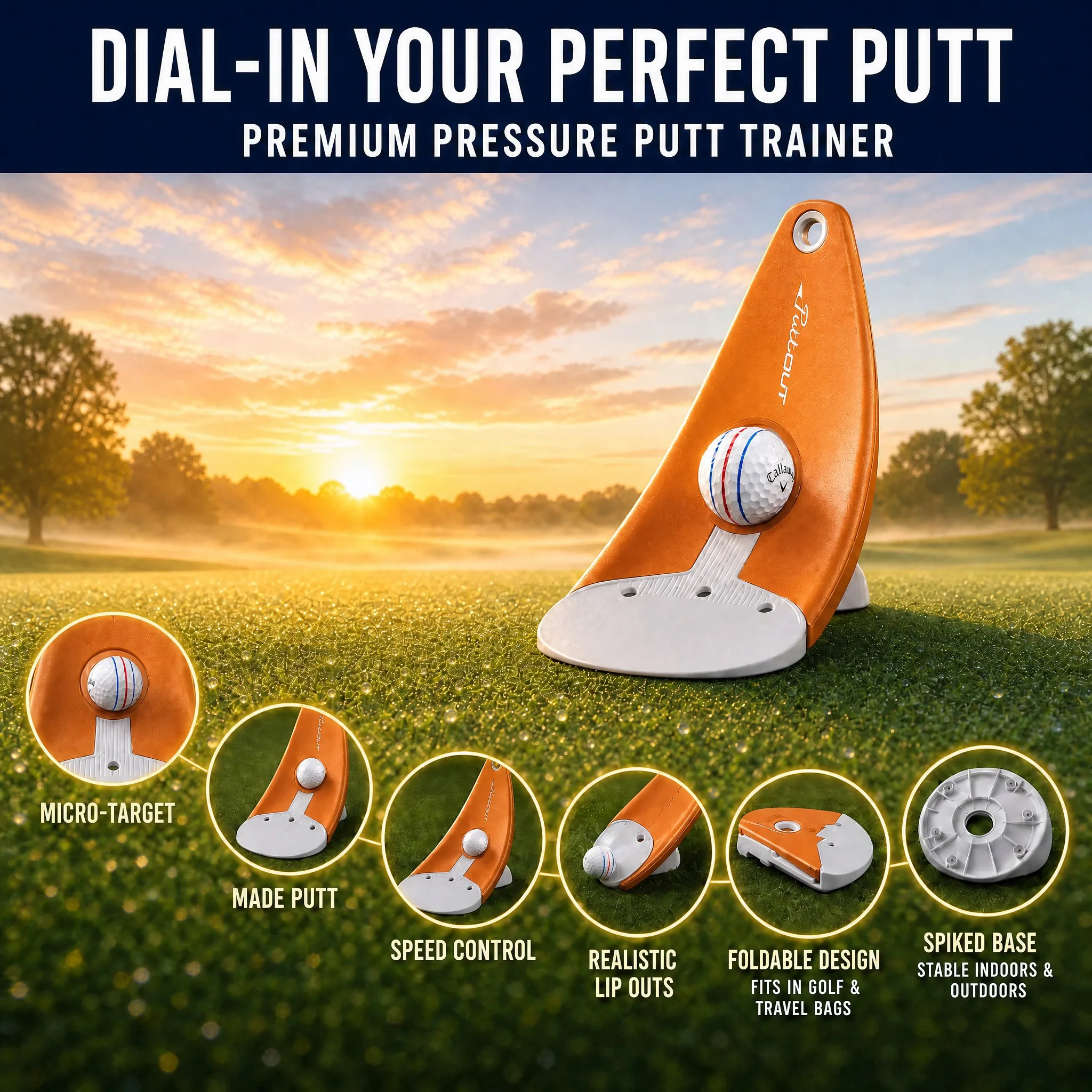 Golf Putter Practice Tool Alignment Stick Holder Foldable Design Triple Aim Points Spiked Base For Indoor Outdoor Stability