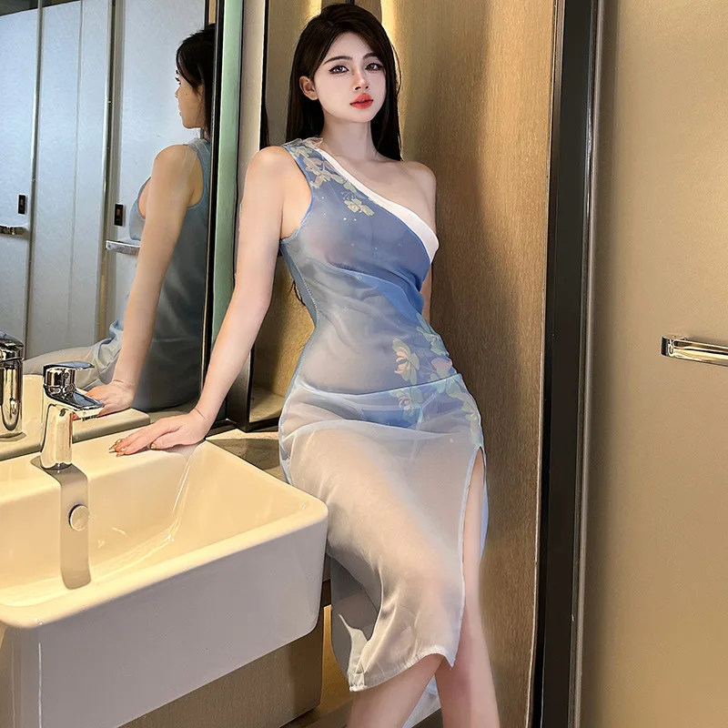 

New Blue One Shoulder Sexy Lingerie Bodycon Split Elegant Dress Fashion Homewear Slit Design