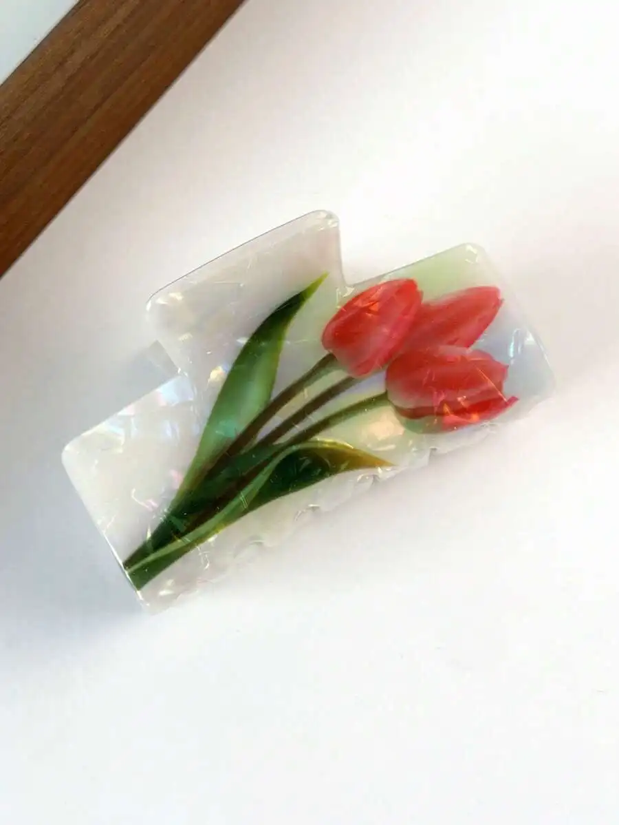 

Acrylic Floral Hair Claw Clip With Red Tulip Design For Women