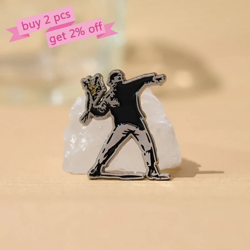 Banksy Rage Flower Thrower Enamel Pins Custom Graffiti Wall Art Brooches Lapel Badges Funny Jewelry Gift for Fans Friends