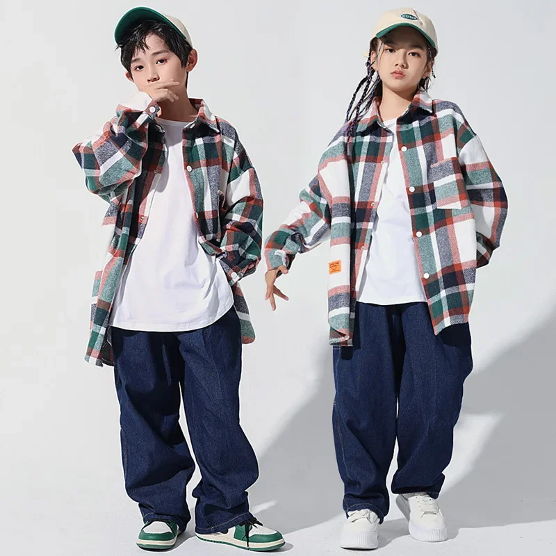 Korean Girl Jazz Dance Suit Autumn Hip-hop Rehearsal Suit KPOP Dance Suit Plaid Shirt White Vest T-shirt 8 10 13 Years Old