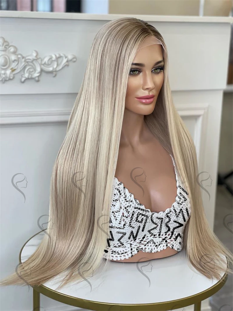 Peruka syntetyczna o długości 30 cali, super długa, prosta, ombre popielaty blond, peruka typu lace front, peruki HD o wysokiej gęstości dla kobiet, peruka damska do cosplayu.
