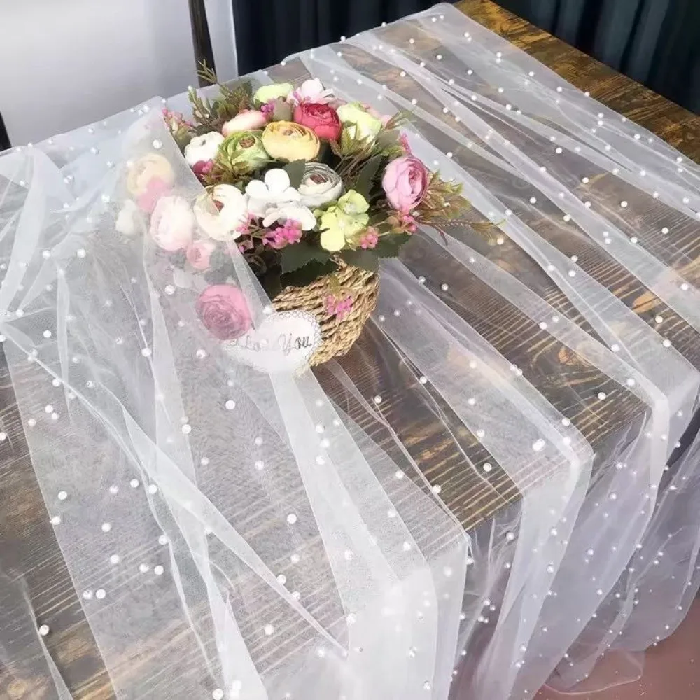 0.75*3 Meters Table Flag Semi Transparent Gauze Mesh Pearl Chiffon Sheer Drapes Pearl Tulle Table Runner Festival Party
