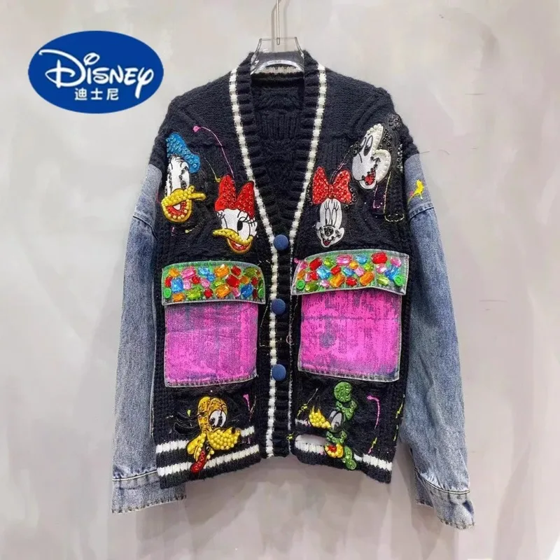 

Disney Cartoon Beaded Denim Cardigan 2025 Winter Loose Knit Sweater Casual Lazy Fall Coat Outerwear