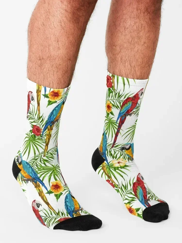 Macaws and Hibiscus Flowers - Exotic Tropical Birds Painting Socks halloween funny sock Sports Hiking boots Socks Women's Men's