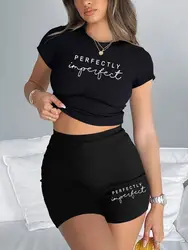 Casual Womans Crop Tops & Shorts Two Pieces Set Perfectly Imperfect Art Letter Printing T-Shirts Soft Slim High Elastic Clothes