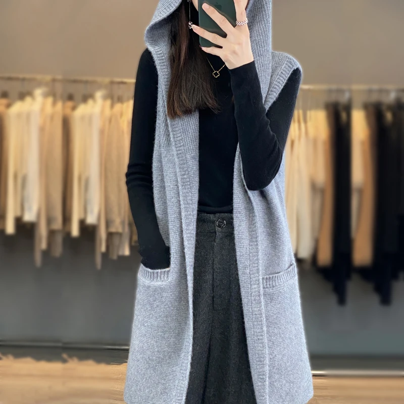 

Fashion Trend Long Women's Hoodie 100% Wool Vest Solid Knitted Women's Cardigan Sleeveless Sweater Hot Sale New Coat Vest k2k