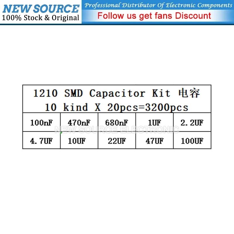 SMD Capacitance Samples Set 1210 0.1UF~100UF 10Values*20PCS=200PCS DIY Capacitor