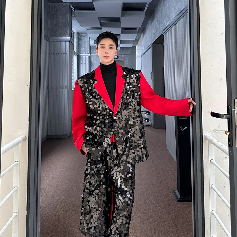 HKSH 2024 Spring Autumn New Men's Tide Punk Korean Elegant Blazer Chic Suit Pants Big Sequin Design Fashion Two-piece Set HK3254