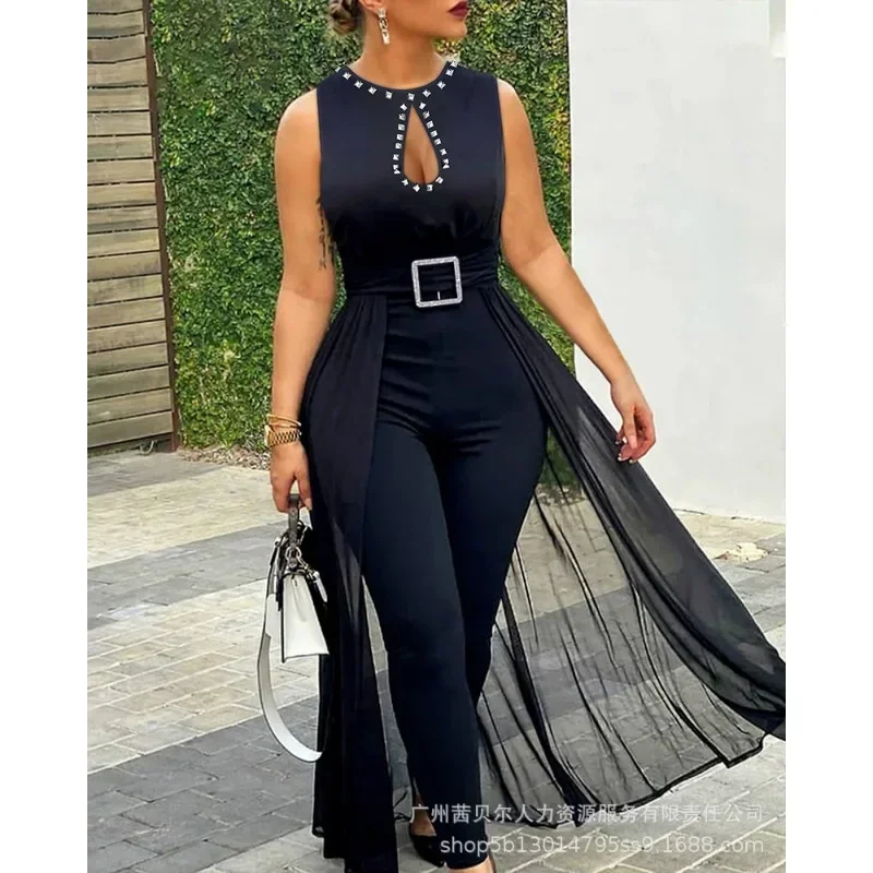 Rivets Jumpsuit Rompers Women Sexy Lace High Waist Jumpsuits Sheer Mesh Trend Decorative Sleeveless Overlay Skinny Jumpsuit