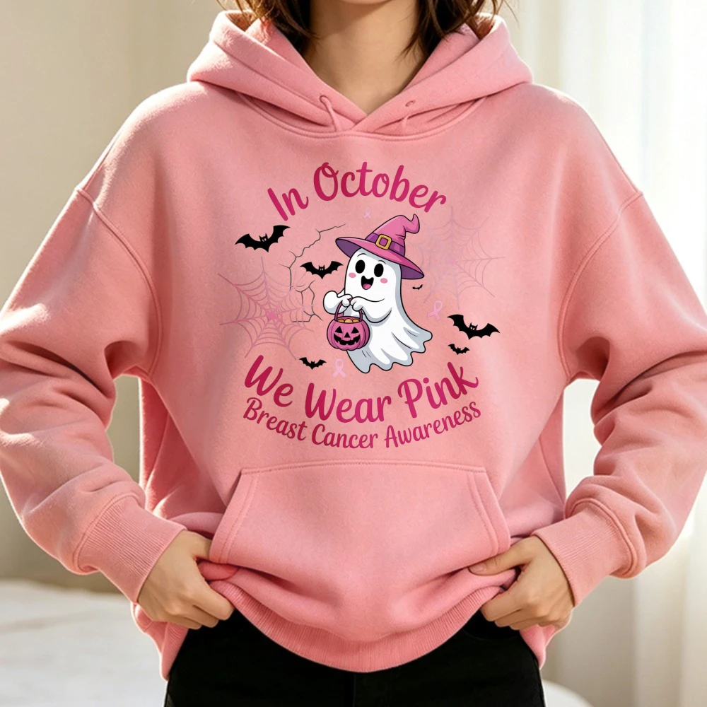 In October We Wear Pink Women Sweatshirt Breast Cancer Awareness Halloween Ghost Hoodie Pink Ribbon Survivor Support Pullovers