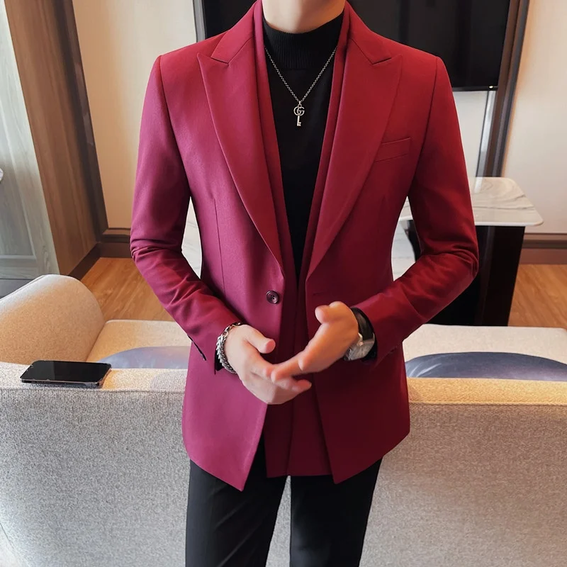 

Men's Double Layer Collar Slim Fit Red Suit Jaet Winter Faion Casual Polyester Cotton Blend Easy Iron Stand Fit