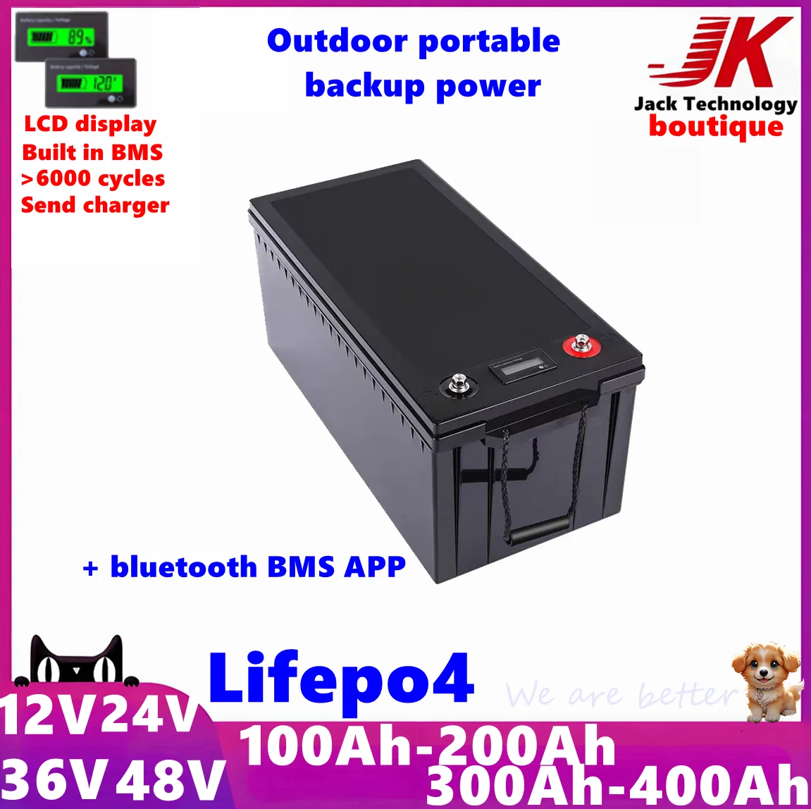 

JK 12V 24V 36V 48V 100AH200AH 300Ah400Ah lifepo4 lithium battery bluetooth BMS APP for Outdoor solar inverter EV Fishing boat,RV