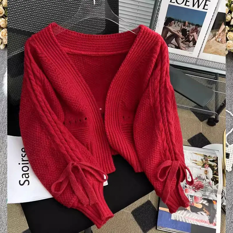 Fashion New Autumn Winter V Neck Cardigan Sweaters Women Korean Sweet Long Lantern Sleeve Loose Casual Short Sweater