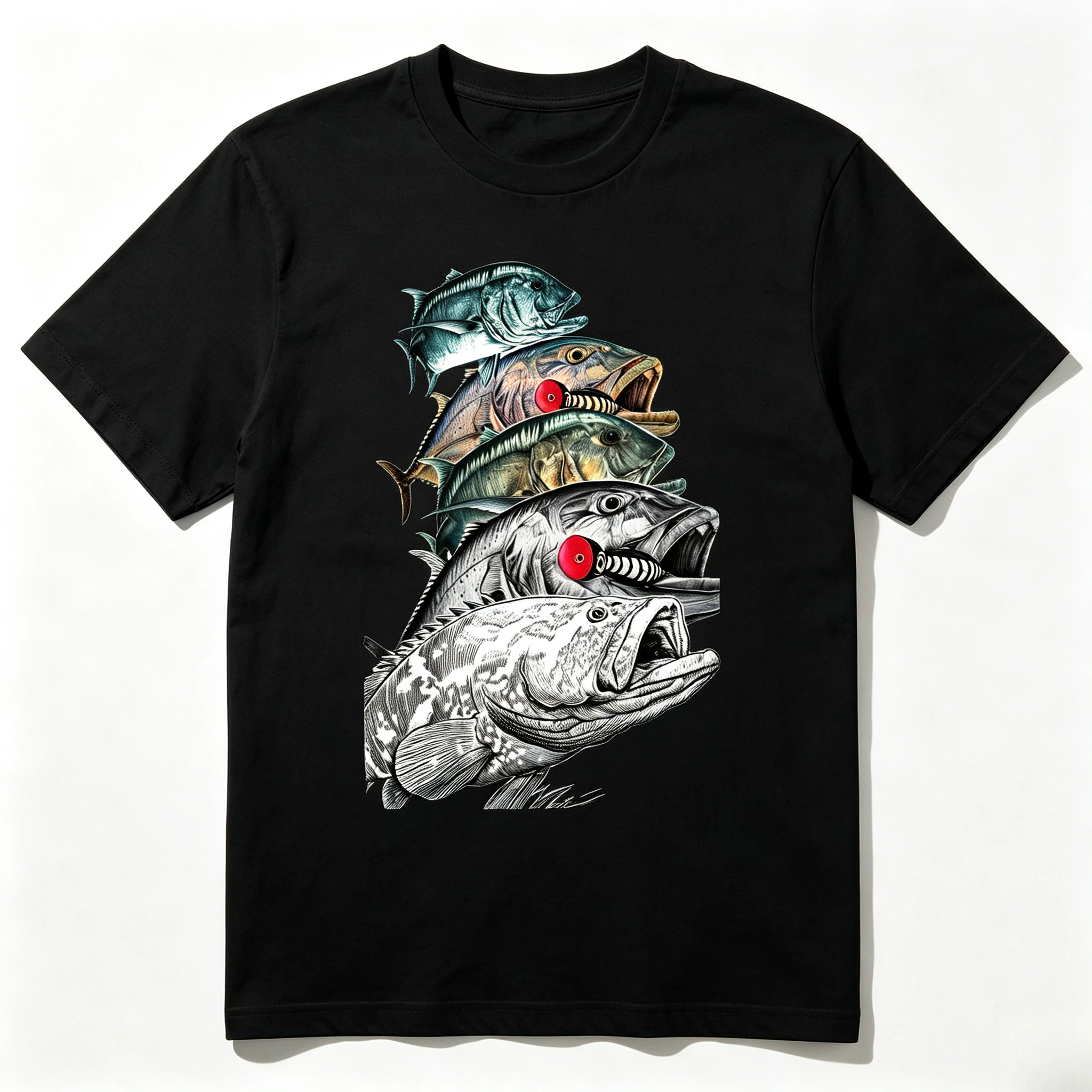 Men Short T-Shirt Realistic Ocean Fish Printed Graphic Tee Deep Sea Grouper Tuna Top for Saltwater Angler Outdoor Casual Wear