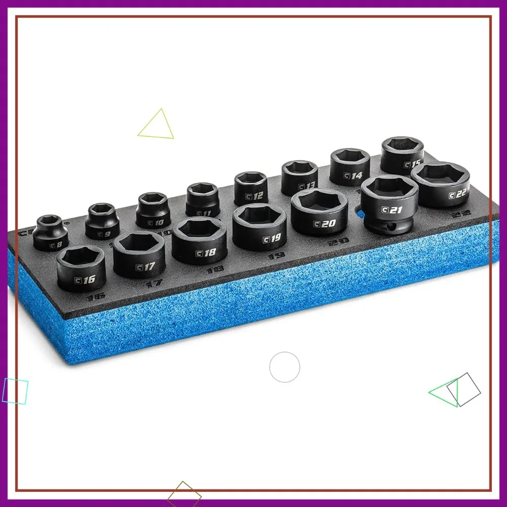 

Набор метрических ударных головок с приводом 3/8 дюйма — короткие розетки 15 шт. для плотных помещений с лотком для хранения