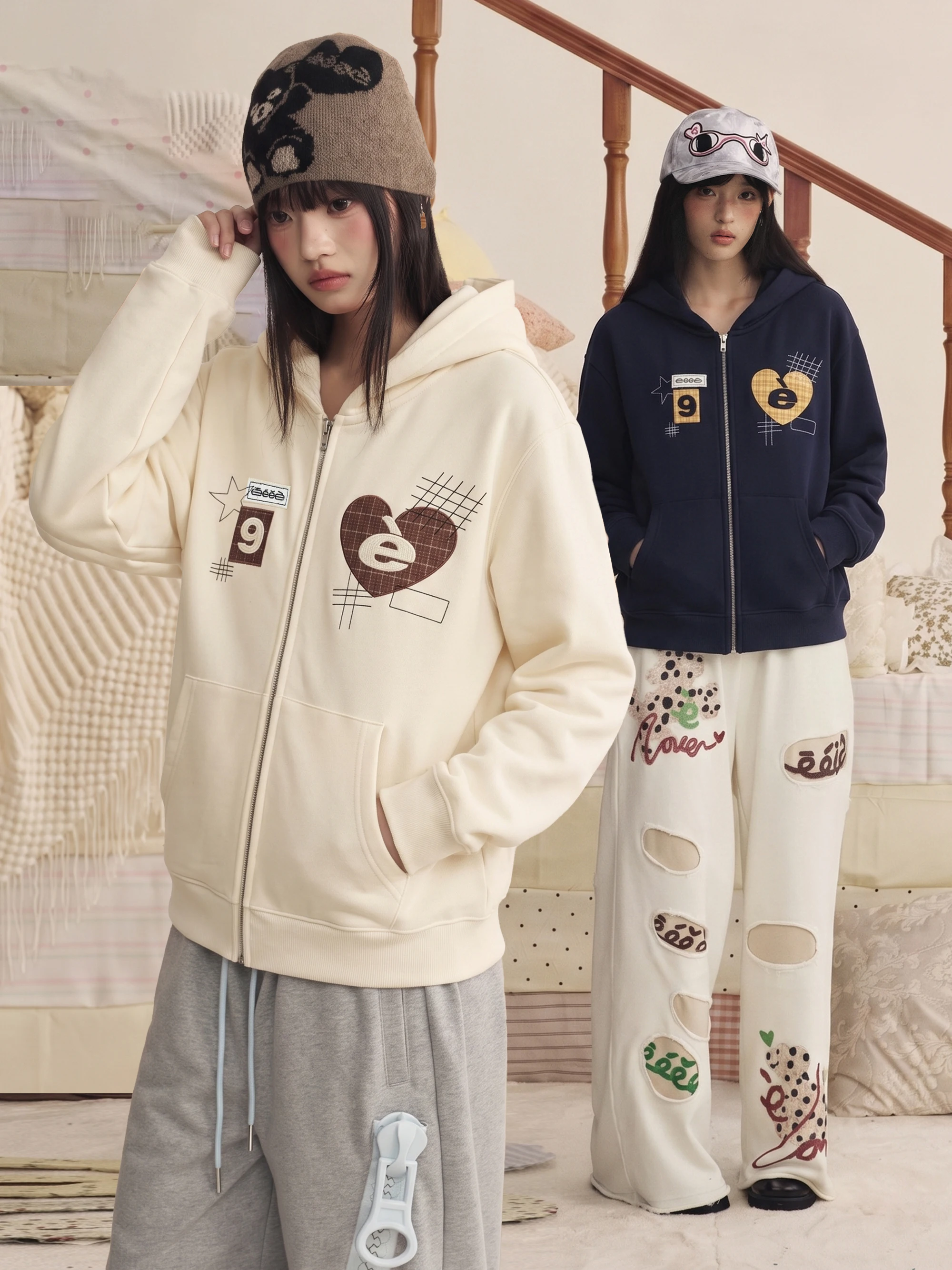 Eeeea Design Sense Hooded Sweatshirt Patchwork Heart Star Embroidery Open Cardigan Jacket Autumn Unisex Standard Fit Long Sleeve