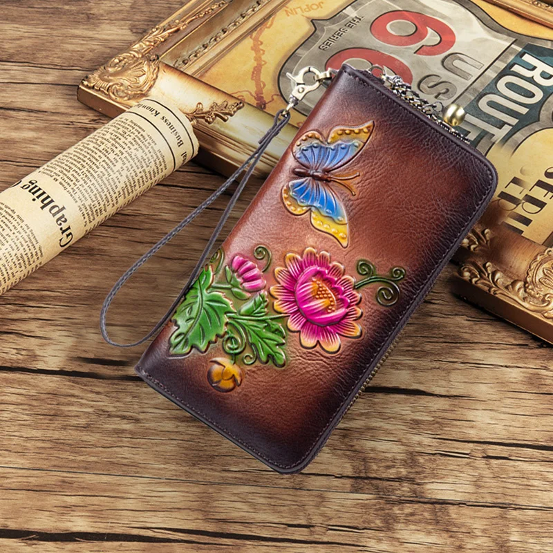 Women Genuine Leather Wallet Long Clutch Bag Printing Floral Female Designer Holder Card Money Clips Handy Wrist Bags Purse