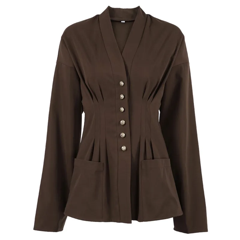 Primavera e outono novo temperamento commuter camisa feminina retro marrom escuro cardigan moda mangas compridas plissado camisa fina topo