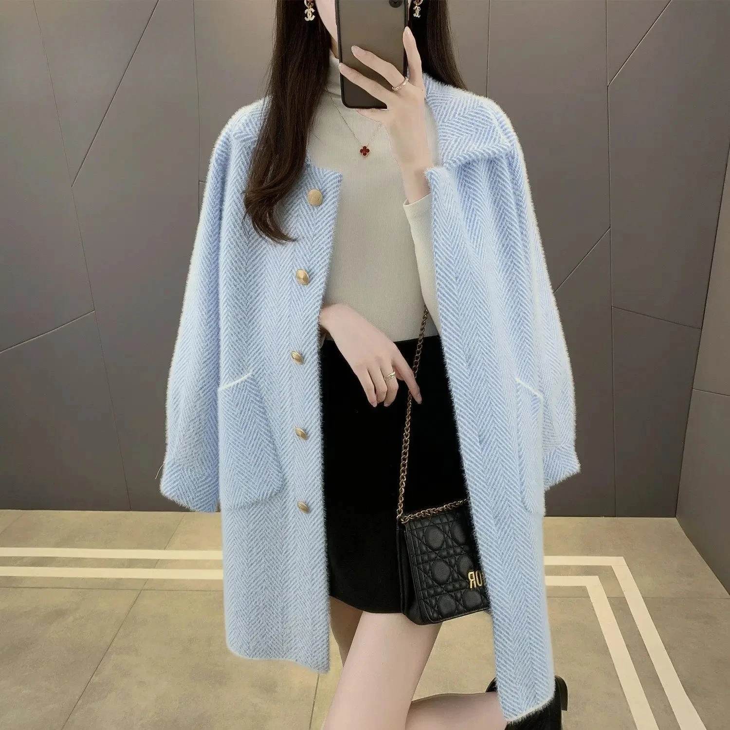 Imitation Mink Fur Medium Long Coat for Women Fashionable Knitted Cardigan Loose and Versatile Woolen Coat for Women