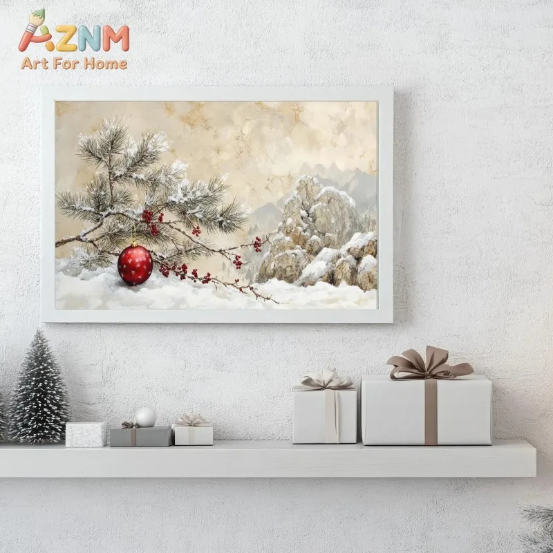 Winter Mountain Canvas Wall Art Snowy Pine Branch Red Bauble Berry Vintage Farmhouse Christmas Wall Print Unframed Canvas Poster