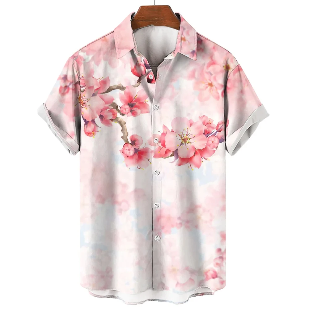 Men's Shirt Fashion peach blossomTops Summer New Men's Clothing Casual Short-Sleeved Buttons Loose Blouse Hawaiian Shirts