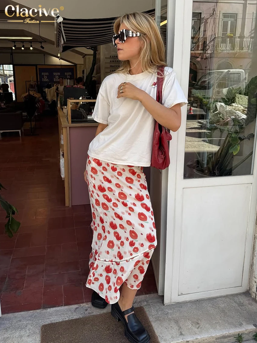 

Clacive Fashion Loose Print Skirts For Women 2025 Elegant High Waist Long Skirt Elegant Classic Skirt Female Clothing Streetwear