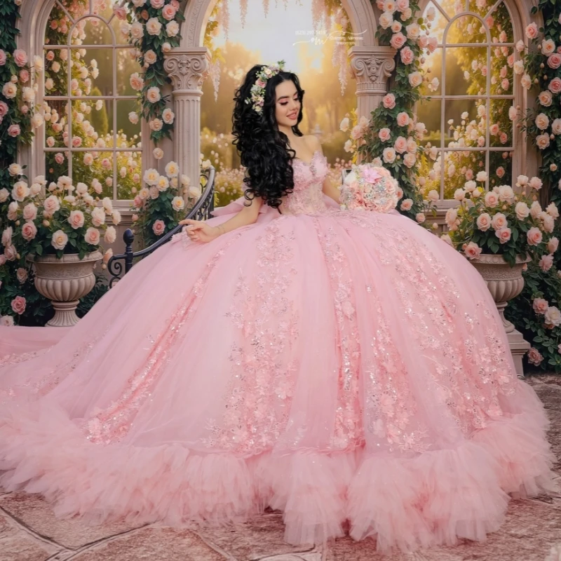 

Light Pink Shiny Ball Gown Quinceanera Dresses Applique Lace Beading Crystal Bow Corset Tiered Tull Off Shoulder Sweet 16 Dress