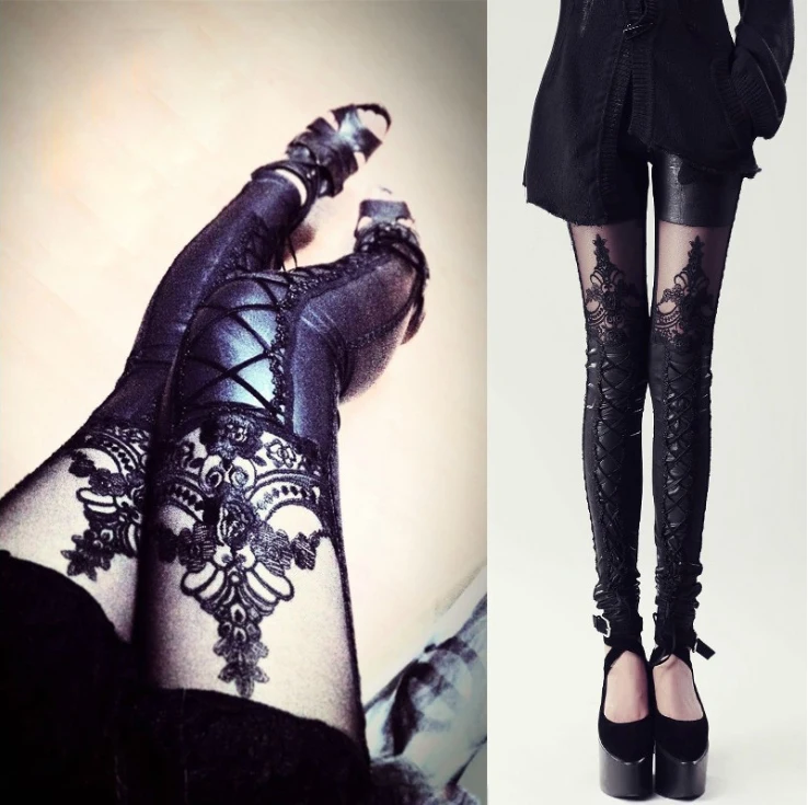 Stijlvolle Sexy Vrouwen Faux Lederen Gothic Punk Leggings Broek Kant Skinny Negen-Punts Broek Imitatie Lederen Broek